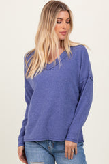 Blue Ribbed V-Neck Long Sleeve Maternity Top