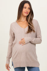 Taupe Front Seam V-Neck Side Slit Maternity Sweater