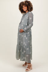 Gray Embroidered Tassel Tie Tiered Maternity Midi Dress