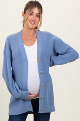 Blue Knit Oversized Button Down V-Neck Maternity Cardigan