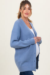 Blue Knit Oversized Button Down V-Neck Maternity Cardigan