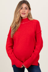 Red Mock Neck Contrast Seam Maternity Sweater