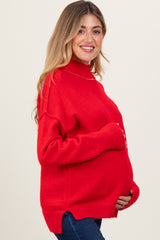 Red Mock Neck Contrast Seam Maternity Sweater