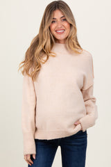 Cream Mock Neck Contrast Seam Maternity Sweater