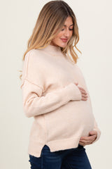 Cream Mock Neck Contrast Seam Maternity Sweater