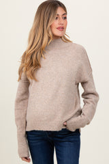 Light Taupe Mock Neck Contrast Seam Maternity Sweater