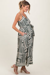 Light Olive Geometric Print Sash Tie Maternity Maxi Dress