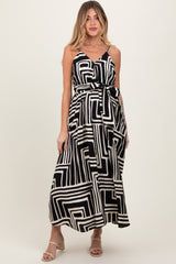 Black Geometric Print Sash Tie Maternity Maxi Dress