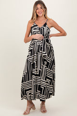 Black Geometric Print Sash Tie Maternity Maxi Dress