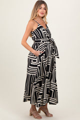 Black Geometric Print Sash Tie Maternity Maxi Dress