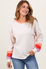 Cream Waffle Knit Colorblock Long Sleeve Top