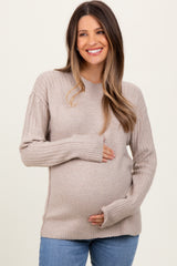 Beige Long Sleeve Raised Seam Maternity Sweater