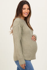 Light Olive Long Sleeve Raised Seam Maternity Sweater