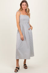 Ivory Striped Shoulder Tie Smocked Maxi Dress