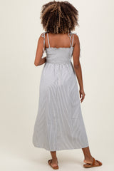 Ivory Striped Shoulder Tie Smocked Maternity Maxi Dress