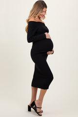 Black Ribbed Off Shoulder Maternity Midi Sweater Dress