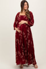 Burgundy Multi Floral Textured Peasant Babydoll Maxi Dress