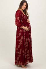 Burgundy Multi Floral Textured Peasant Babydoll Maxi Dress