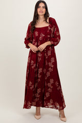 Burgundy Multi Floral Textured Peasant Babydoll Maxi Dress