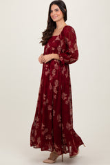 Burgundy Multi Floral Textured Peasant Babydoll Maxi Dress