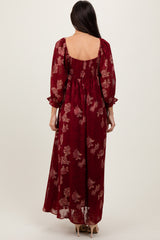 Burgundy Multi Floral Textured Peasant Babydoll Maxi Dress