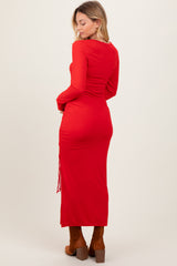 Red Ruched Tie Side Slit Midi Dress