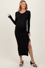 Black Ruched Tie Side Slit Maternity Midi Dress