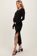 Black Ruched Tie Side Slit Maternity Midi Dress