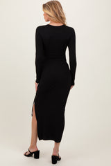 Black Ruched Tie Side Slit Maternity Midi Dress