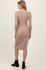 Beige Ribbed Henley Neckline Maternity Midi Sweater Dress