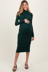 Forest Green Ribbed Knit Mock Neck Long Sleeve Maternity Midi Dress