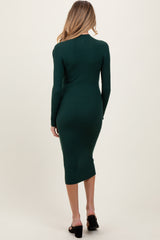 Forest Green Ribbed Knit Mock Neck Long Sleeve Maternity Midi Dress