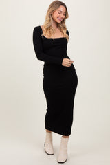 Black Square Neck Rib Long Sleeve Maxi Dress