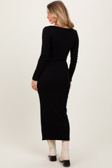 Black Square Neck Rib Long Sleeve Maxi Dress