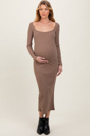 Taupe Square Neck Rib Long Sleeve Maternity Maxi Dress