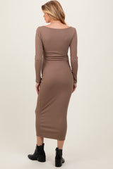 Taupe Square Neck Rib Long Sleeve Maternity Maxi Dress