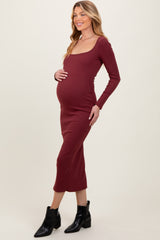 Burgundy Square Neck Rib Long Sleeve Maternity Maxi Dress