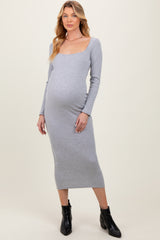 Heather Grey Square Neck Rib Long Sleeve Maternity Maxi Dress