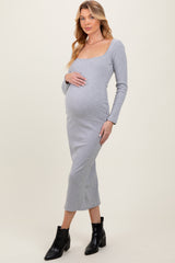 Heather Grey Square Neck Rib Long Sleeve Maternity Maxi Dress