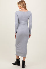 Heather Grey Square Neck Rib Long Sleeve Maternity Maxi Dress