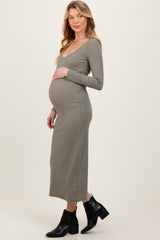 Olive Scoop Neck Long Sleeve Maternity Midi Dress