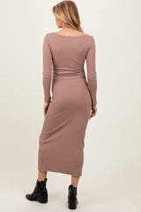 Mocha Scoop Neck Long Sleeve Maternity Midi Dress