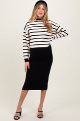 Black White Combo Stripe Sweater Top With Solid Skirt Maternity Sweater Set