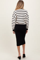 Black White Combo Stripe Sweater Top With Solid Skirt Maternity Sweater Set