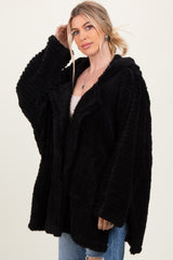 Black Fuzzy Slit Hem Hooded Cardigan