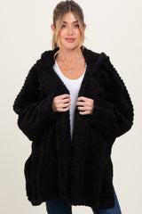 Black Fuzzy Slit Hem Hooded Maternity Cardigan