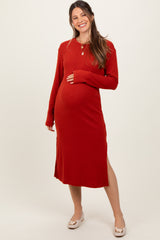 Red Ribbed Knit Long Sleeve Side Slit Maternity Midi Dress