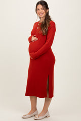 Red Ribbed Knit Long Sleeve Side Slit Maternity Midi Dress