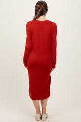 Red Ribbed Knit Long Sleeve Side Slit Maternity Midi Dress