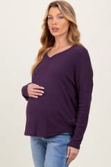 Purple Basic Brushed Rib V-Neck Maternity Top